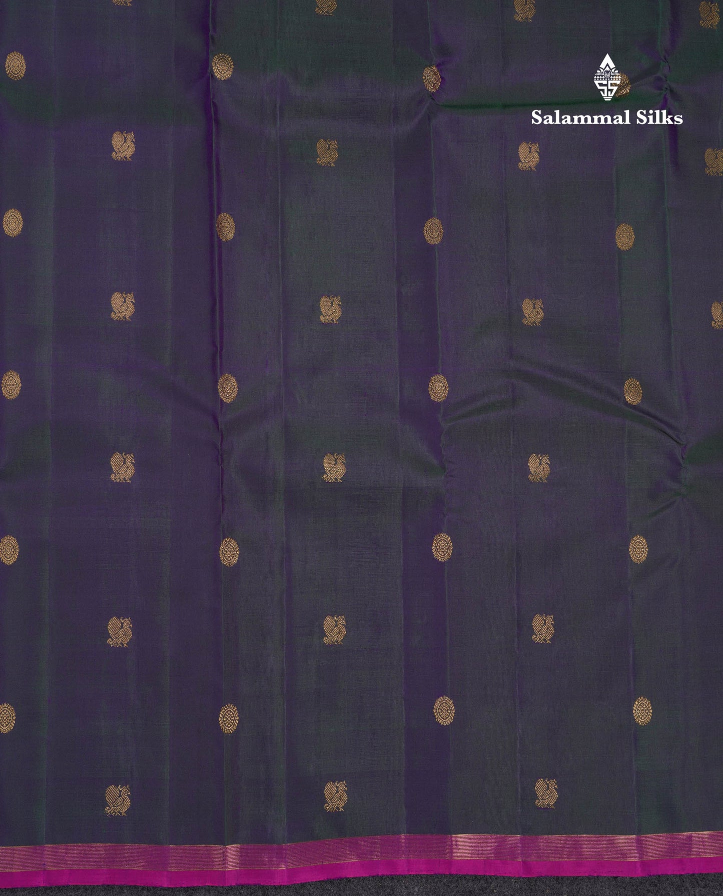 Beautiful Dual Tone Peacock Green Peacock & Chakaram Butta Pure Kanjivaram Silk Saree With Contrast Magenta Pink Blouse