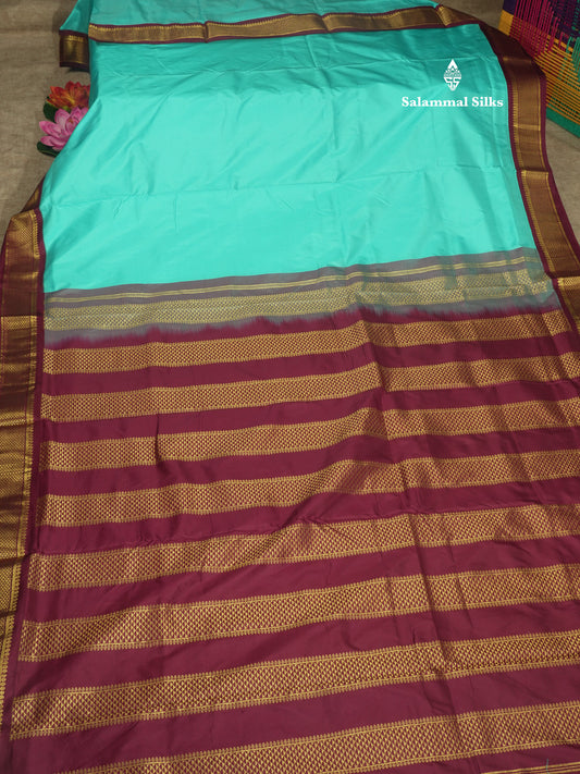 Kanjivaram Beautiful Light Ramar Blue 9Yards Pure Silk Saree With (3.5inch) MagentaBorder