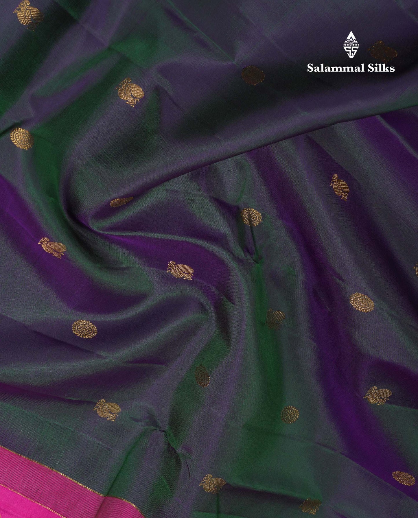 Beautiful Dual Tone Peacock Green Peacock & Chakaram Butta Pure Kanjivaram Silk Saree With Contrast Magenta Pink Blouse