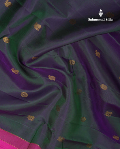 Beautiful Dual Tone Peacock Green Peacock & Chakaram Butta Pure Kanjivaram Silk Saree With Contrast Magenta Pink Blouse