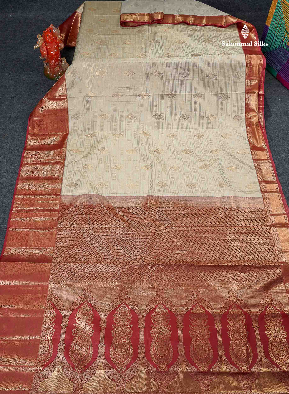 Bridal Semi Silk Saree - Cream Colour Body With Contrast Maroon Evening Morning Border 