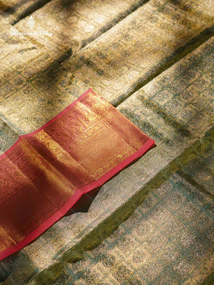 Beautiful Sapphire Blue Tissue Bridal Pure Kanjivaram Silk Saree With Contrast Peach Traditional Border