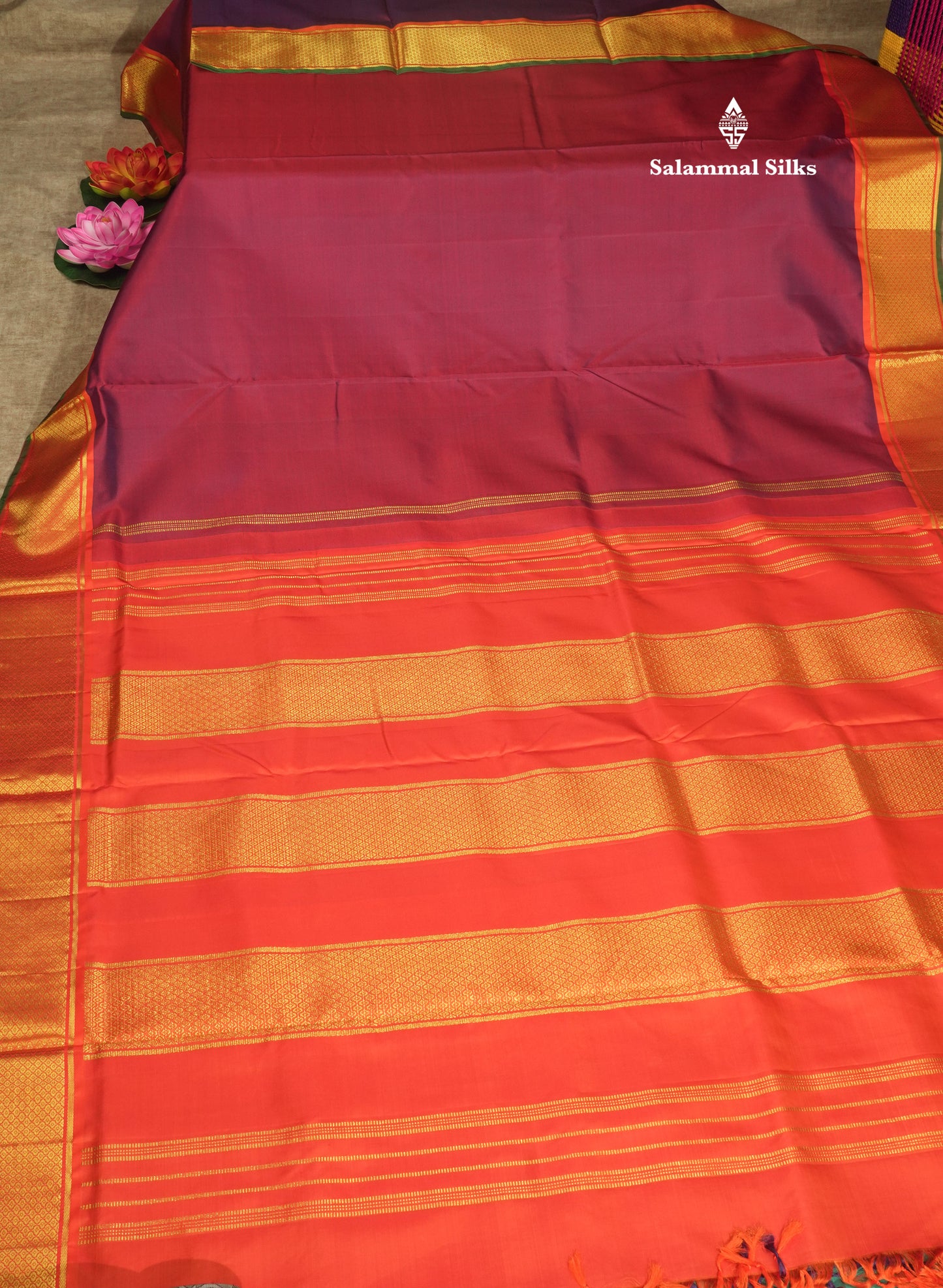 Korvai Beautiful Dual Tone Magenta 10 Yards Pure Silk Saree With (5inch) Orange Border