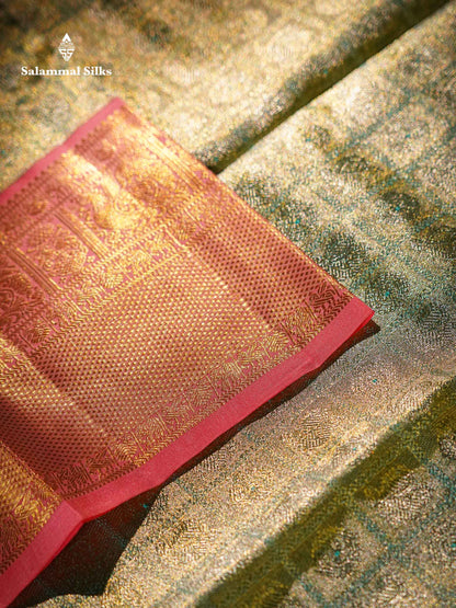 Beautiful Sapphire Blue Tissue Bridal Pure Kanjivaram Silk Saree With Contrast Peach Traditional Border