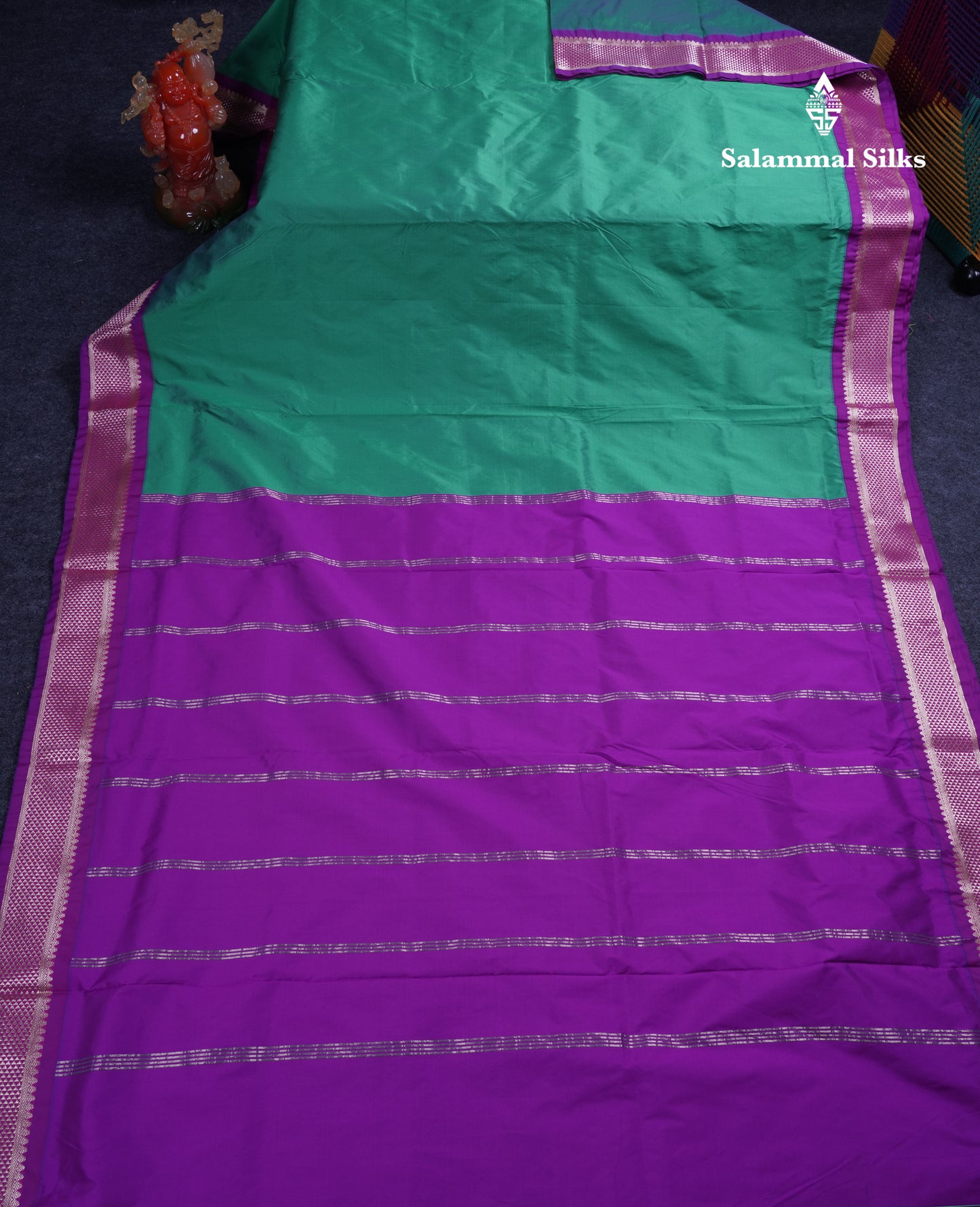 9.5 Yards Semi Silk Saree Saffire Green with Contrast Purple Traditional Border