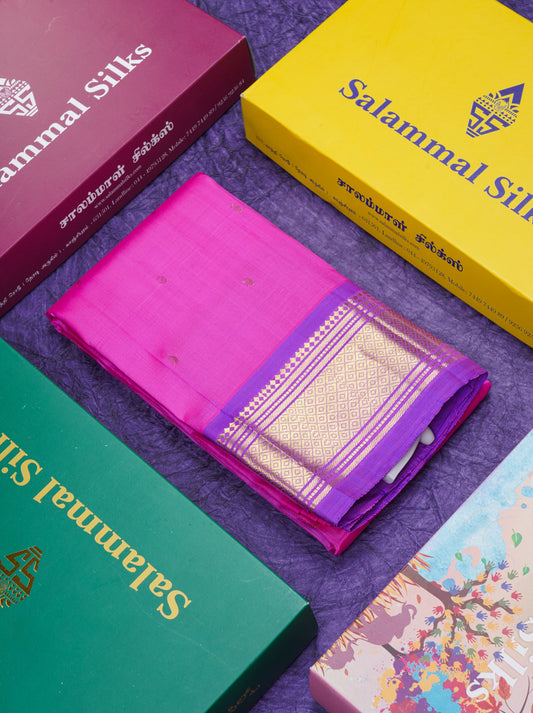 Beautiful Light Pink Pure Kanjivaram Silk Saree With Contrast Purple Traditional One Side Border