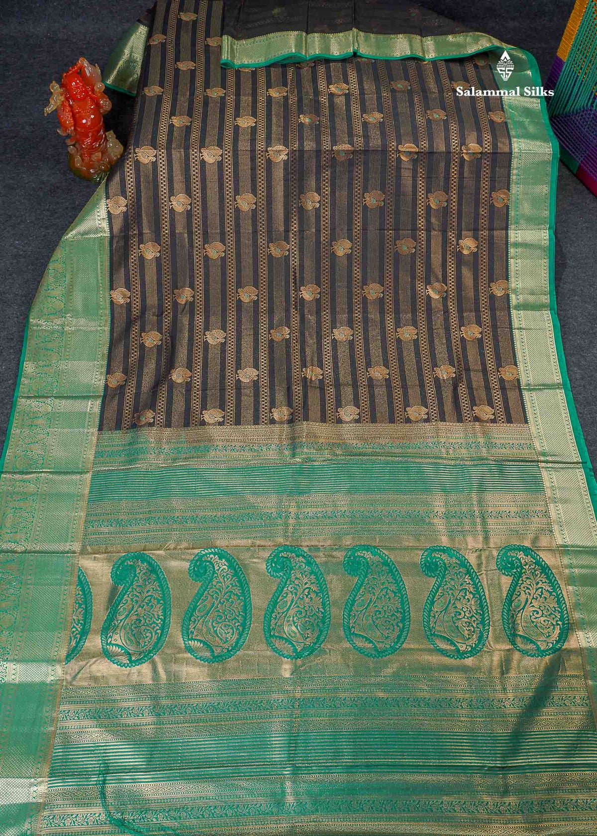 Bridal Semi Silk Saree - Black Colour Body With Contrast Saffire Green Evening Morning Border