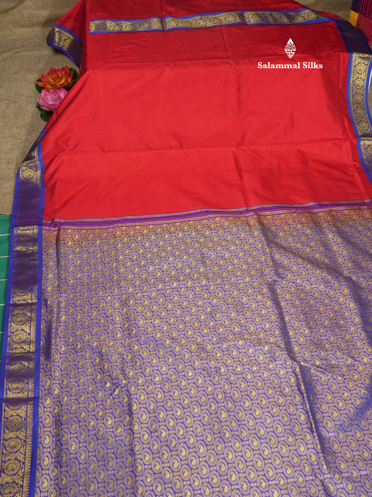 Kanjivaram Beautiful Red 9Yards Pure Silk Saree With 5inch Royal Blue Border