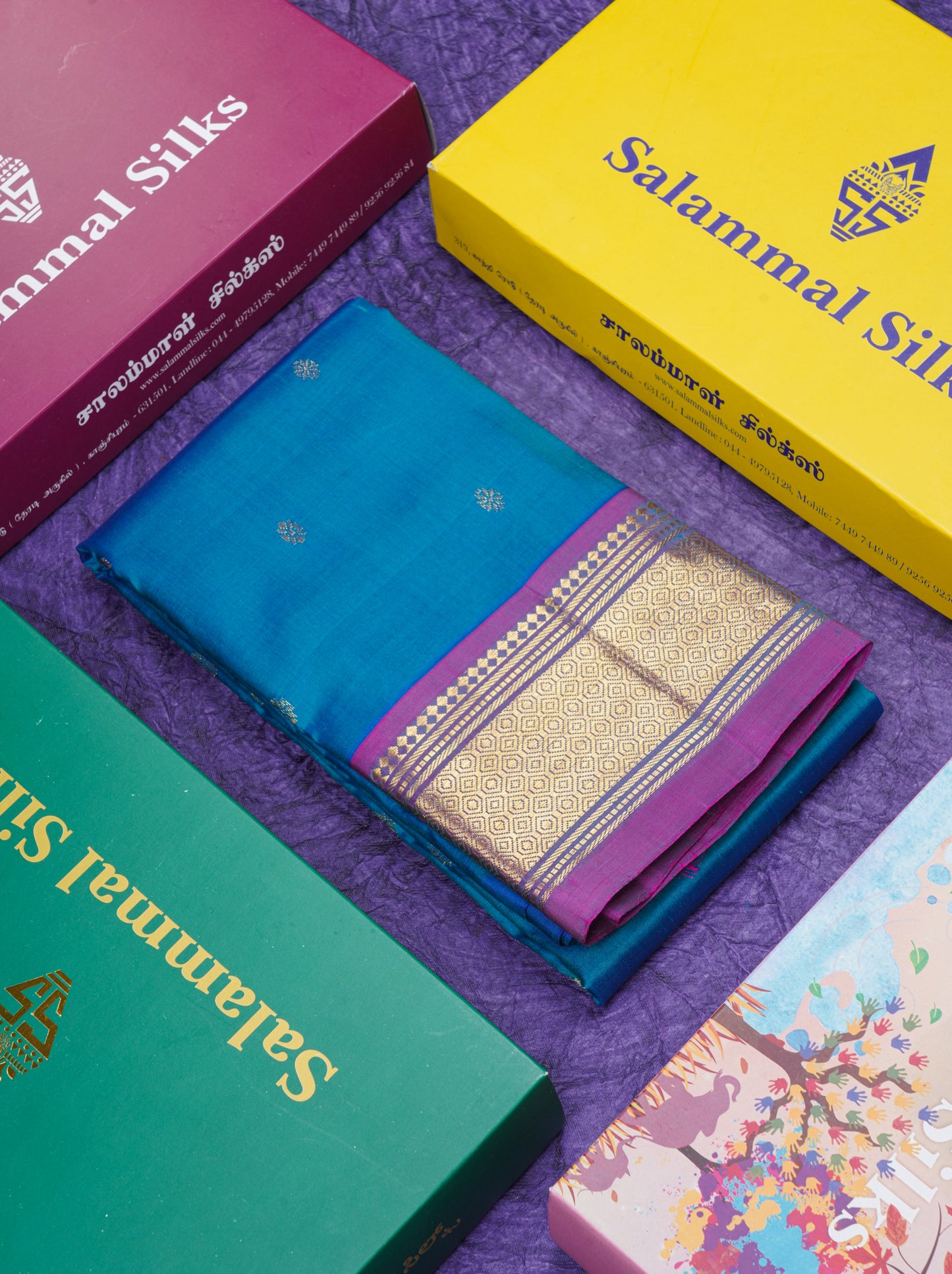 Dual Tone Peacock Blue Pure Kanjivaram Silk Saree With Contrast Purple One Side Border