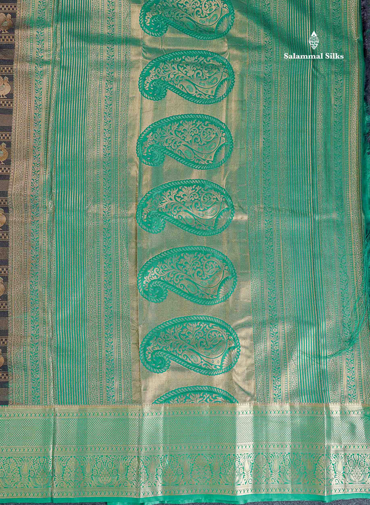 Bridal Semi Silk Saree - Black Colour Body With Contrast Saffire Green Evening Morning Border