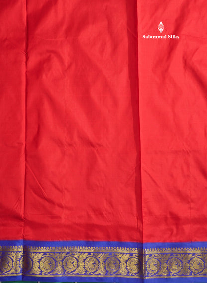 Kanjivaram Beautiful Red 9Yards Pure Silk Saree With 5inch Royal Blue Border