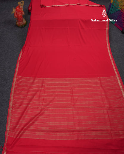 Beautiful Chilly Red Plain Semi Mysore Silk Saree With Small Traditional Zari Border