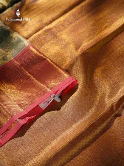 Beautiful Sapphire Blue Tissue Bridal Pure Kanjivaram Silk Saree With Contrast Peach Traditional Border