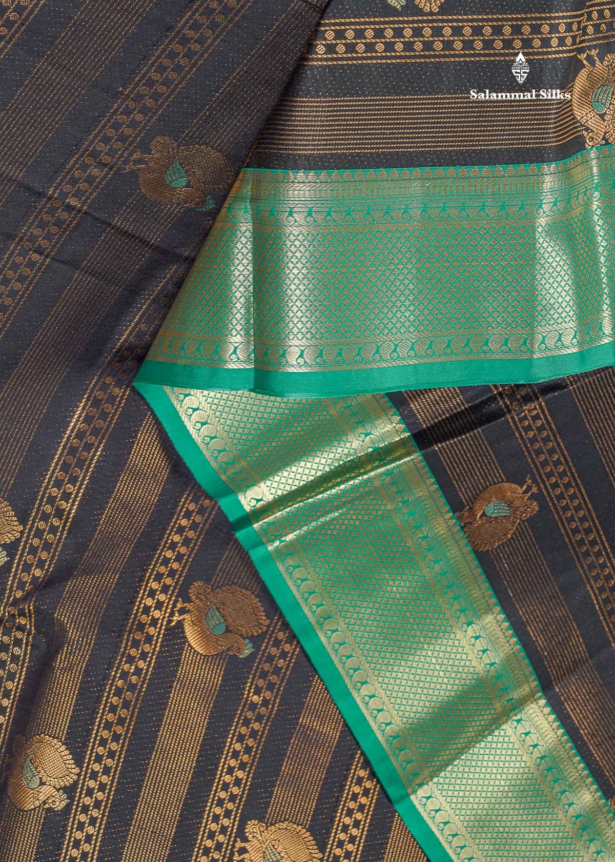 Bridal Semi Silk Saree - Black Colour Body With Contrast Saffire Green Evening Morning Border