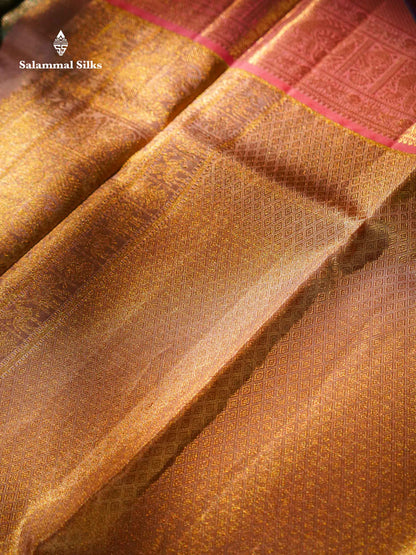 Beautiful Sapphire Blue Tissue Bridal Pure Kanjivaram Silk Saree With Contrast Peach Traditional Border