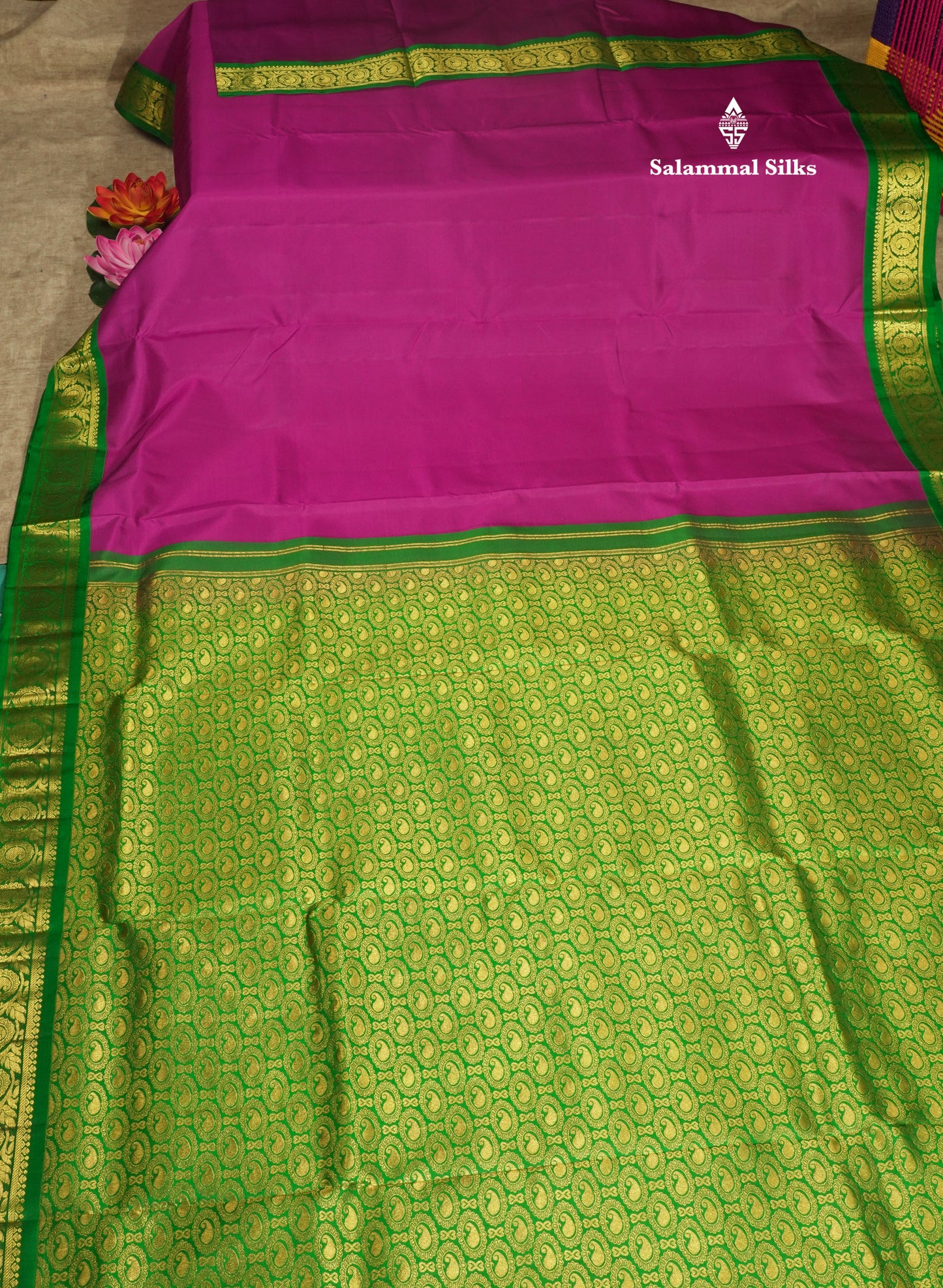 Beautiful Purple 9Yards Pure Silk Saree With (3.7inch) Green Border
