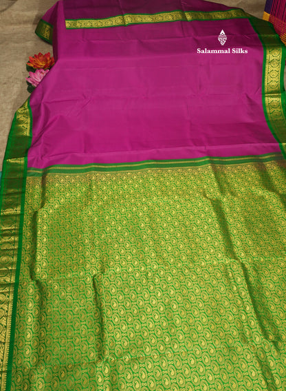 Beautiful Purple 9Yards Pure Silk Saree With (3.7inch) Green Border