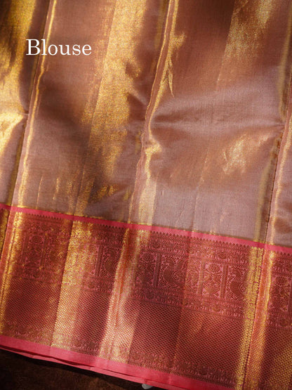 Beautiful Sapphire Blue Tissue Bridal Pure Kanjivaram Silk Saree With Contrast Peach Traditional Border