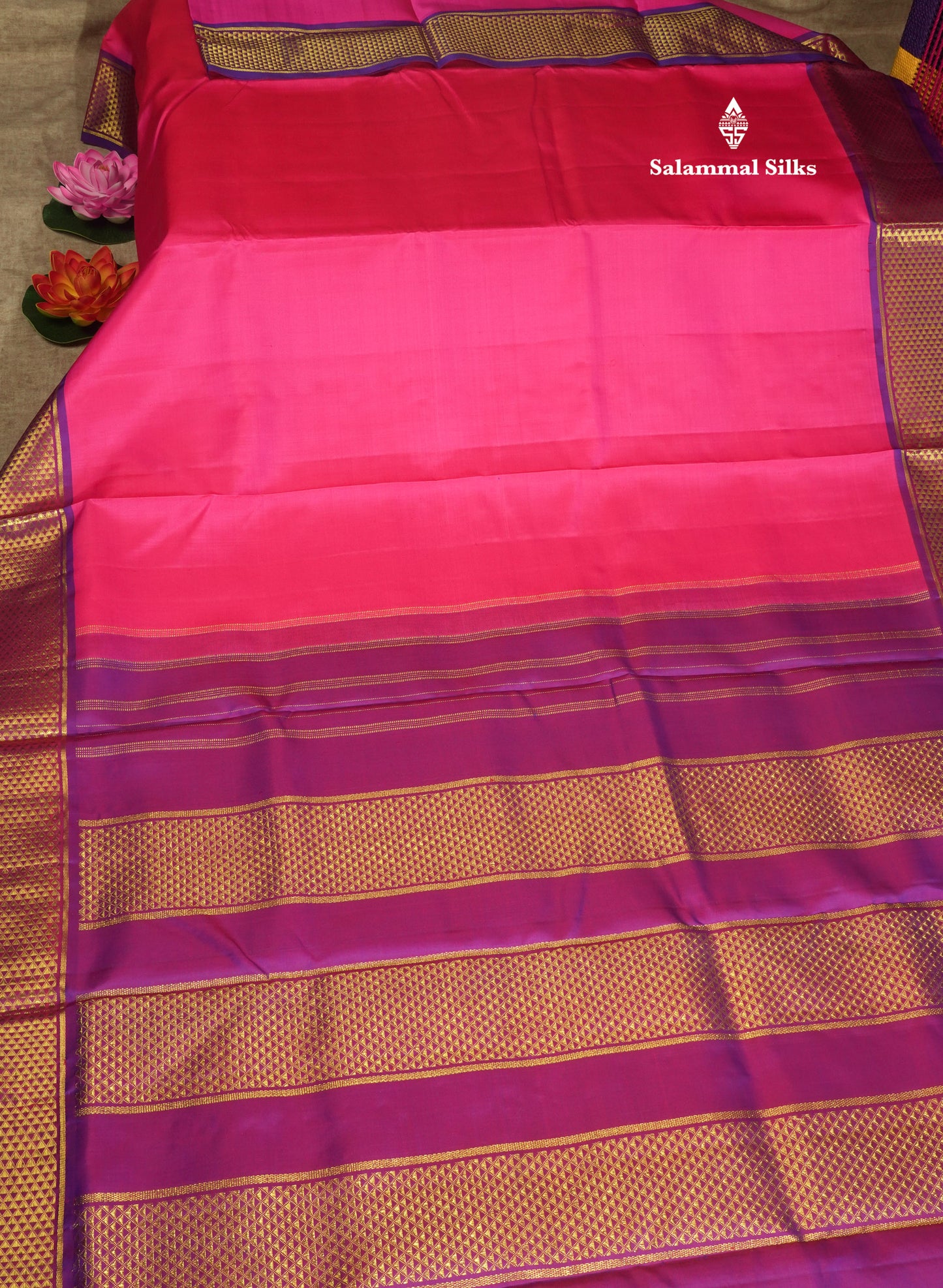Korvai Beautiful Pink 10 Yards Pure Silk Saree With (5.3 inch) Violet Border