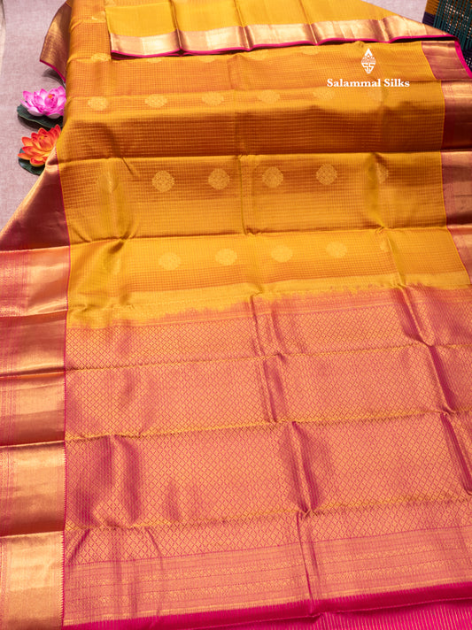Mustard Yellow Colour Small Zari Checks Pure Kanjivaram Silk Saree With Pink Border