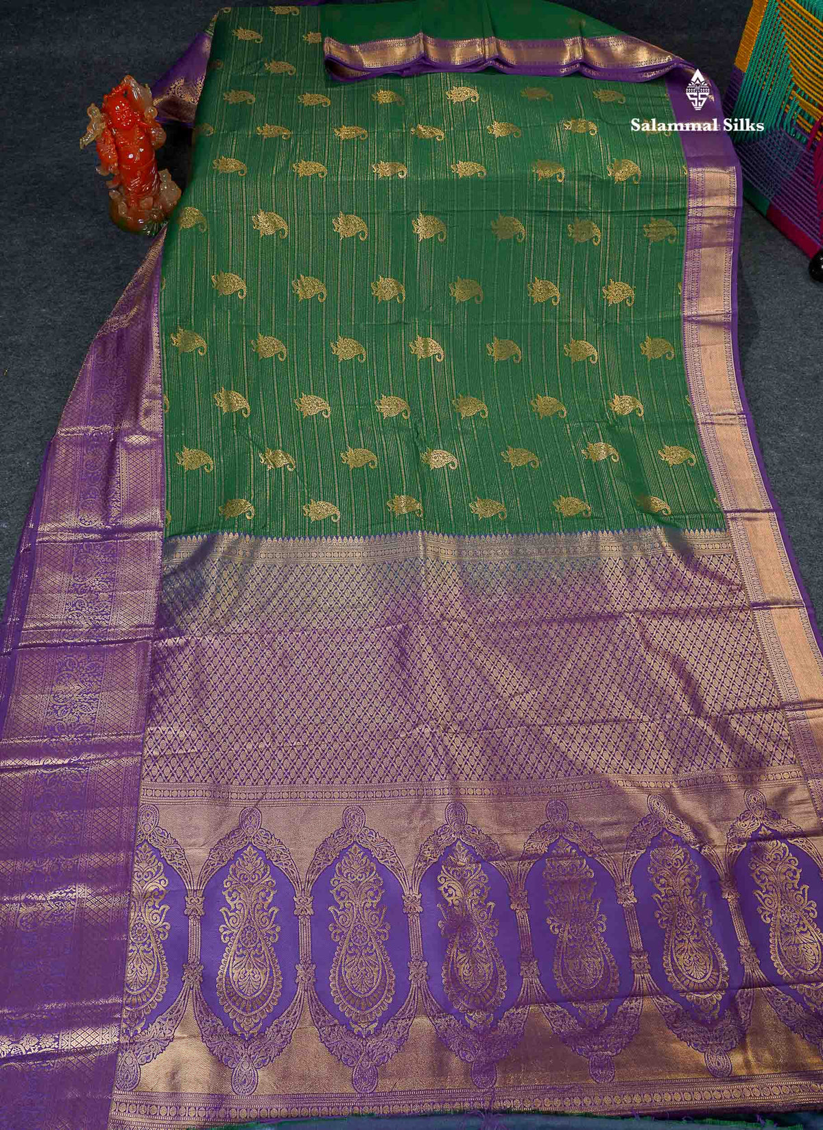 Bridal Semi Silk Saree - Bottle Green Colour Body With Contrast Purple Evening Morning Border 