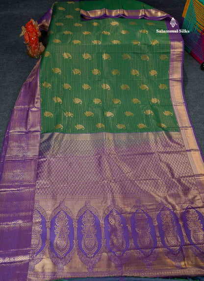 Bridal Semi Silk Saree - Bottle Green Colour Body With Contrast Purple Evening Morning Border 