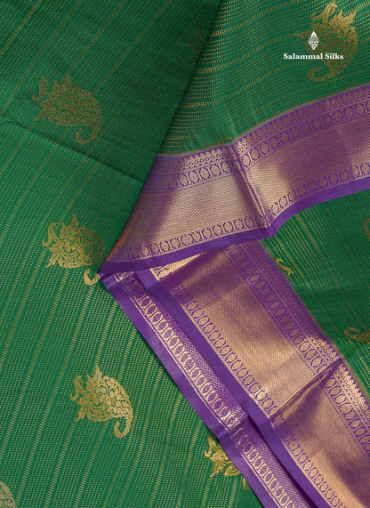 Bridal Semi Silk Saree - Bottle Green Colour Body With Contrast Purple Evening Morning Border