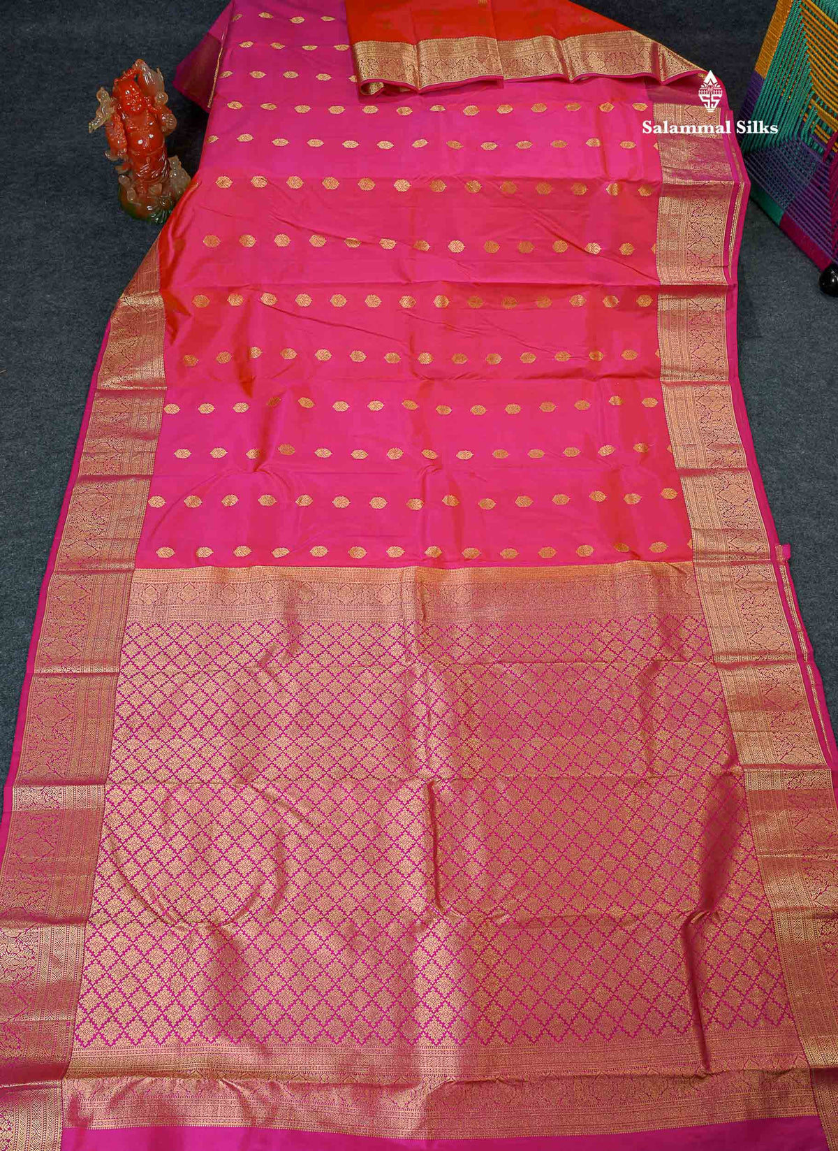 Pure Kanjivaram Silk Saree - Pinkish Orange Colour Body Zari Butta With Magenta Pink Border