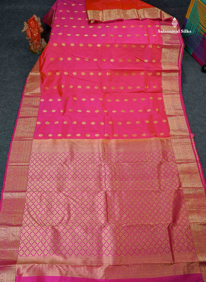 Pure Kanjivaram Silk Saree - Pinkish Orange Colour Body Zari Butta With Magenta Pink Border