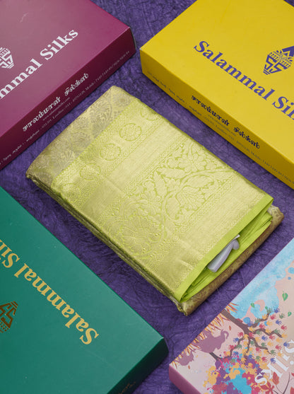 Beautiful Light Green Tissue Bridal Pure Kanjivaram Silk Saree With Contrast Parrot Green Traditional Evening Morning Border
