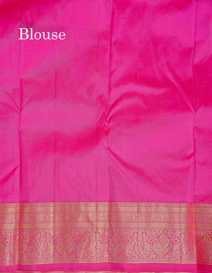 Pure Kanjivaram Silk Saree - Pinkish Orange Colour Body Zari Butta With Magenta Pink Border