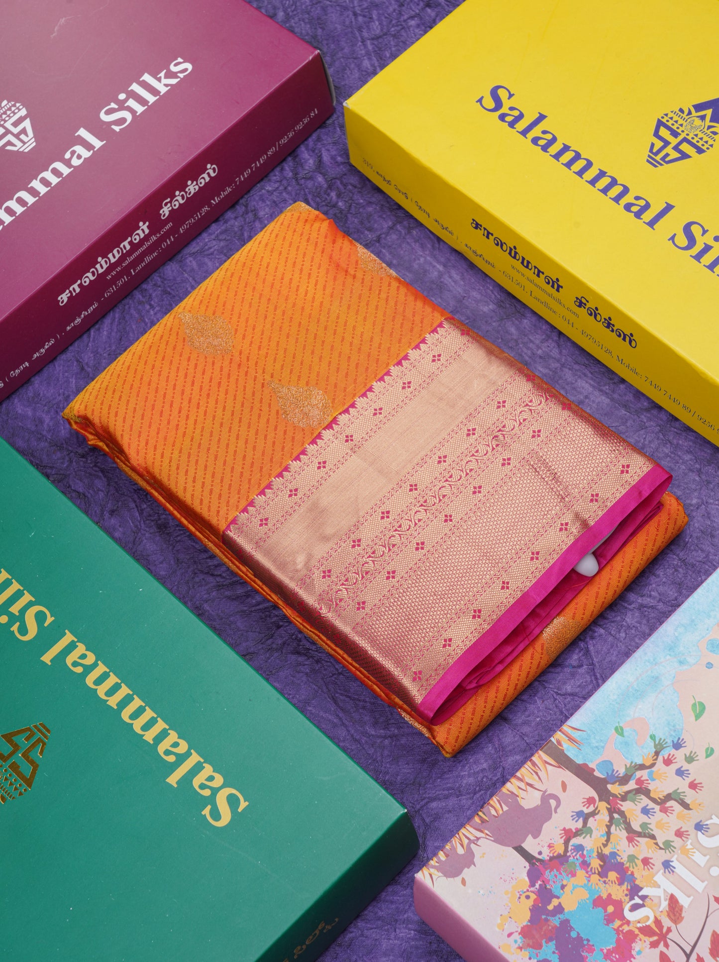 Beautiful Fanta Orange Pure Kanjivaram Silk Saree With Contrast Pink Border