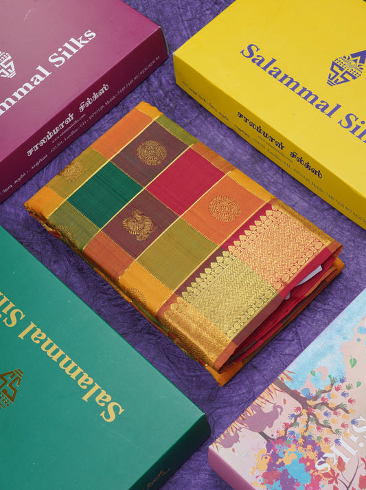 Paalum Pazham Zari Checks With Butta Pure Kanjivaram Silk Saree With Contrast Maroon Traditional Border