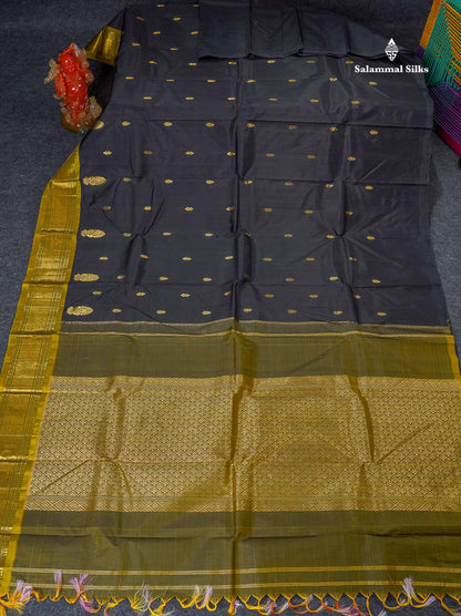 One Side Border Pure Silk Saree - Black Colour Body Zari Butta With Traditional Border