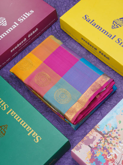 Paalum Pazham Checks With Butta Pure Kanjivaram Silk Saree With Contrast Pink Small Traditional Border