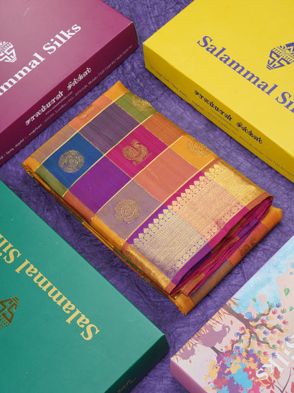 Paalum Pazham Zari Checks With Butta Pure Kanjivaram Silk Saree With Contrast Pink Traditional Border