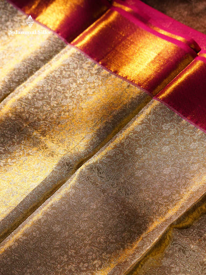 Sandal Tissue Bridal Pure Kanjivaram Silk Saree With Contrast Pink Traditional Evening Morning Border