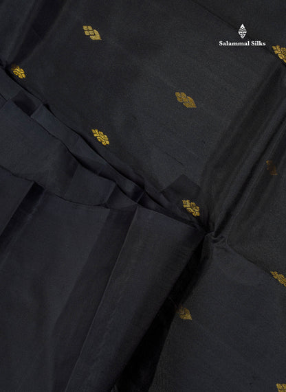 One Side Border Pure Silk Saree - Black Colour Body Zari Butta With Traditional Border