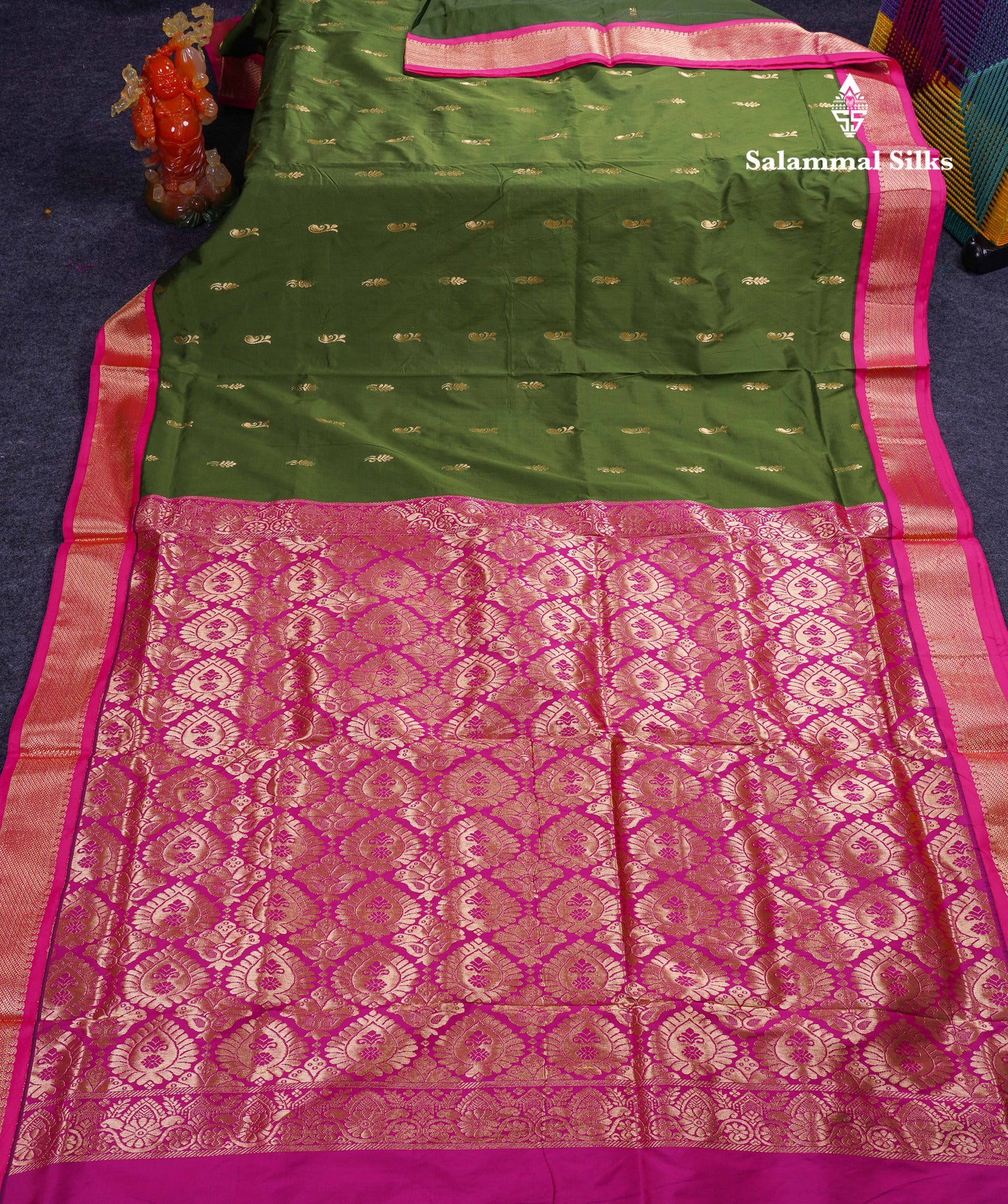 11 Yards Semi Silk Saree Army Green with Contrast Pink Traditional Border