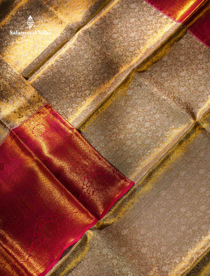 Sandal Tissue Bridal Pure Kanjivaram Silk Saree With Contrast Pink Traditional Evening Morning Border