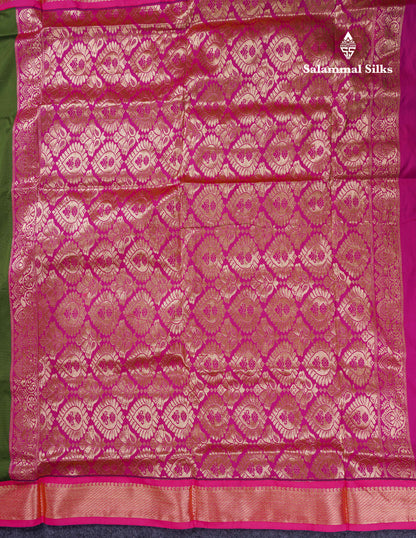 11 Yards Semi Silk Saree Army Green with Contrast Pink Traditional Border