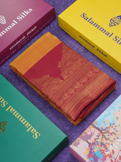 Beautiful Dual Tone Mustard Yellow Pure Kanjivaram Silk Saree With Contrast Maroon Traditional Evening Morning Border