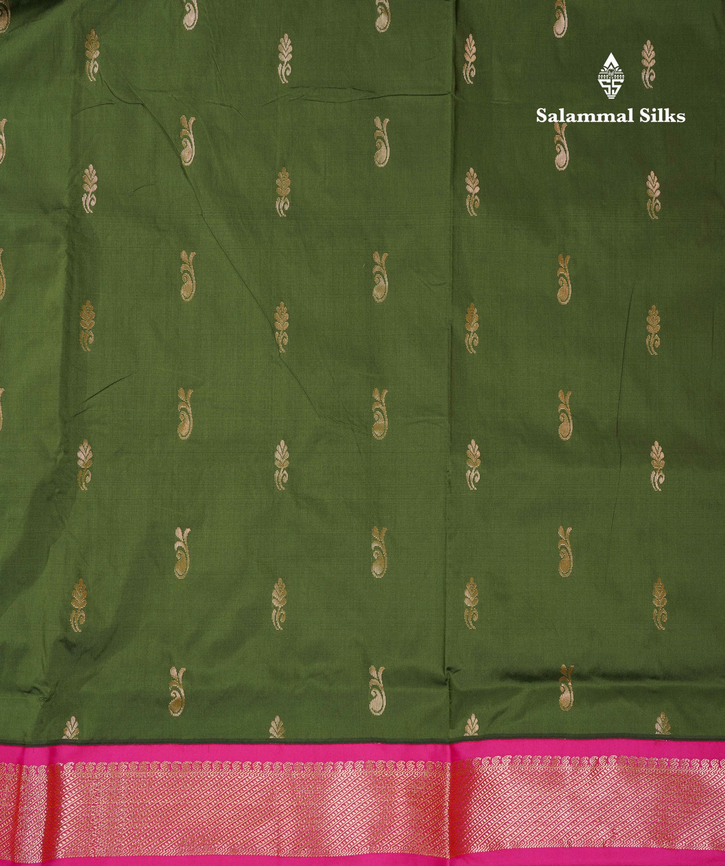 11 Yards Semi Silk Saree Army Green with Contrast Pink Traditional Border