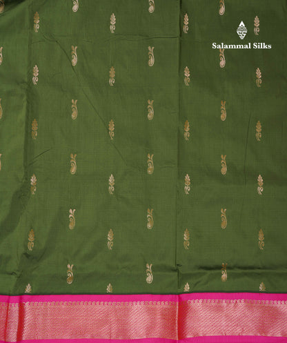 11 Yards Semi Silk Saree Army Green with Contrast Pink Traditional Border