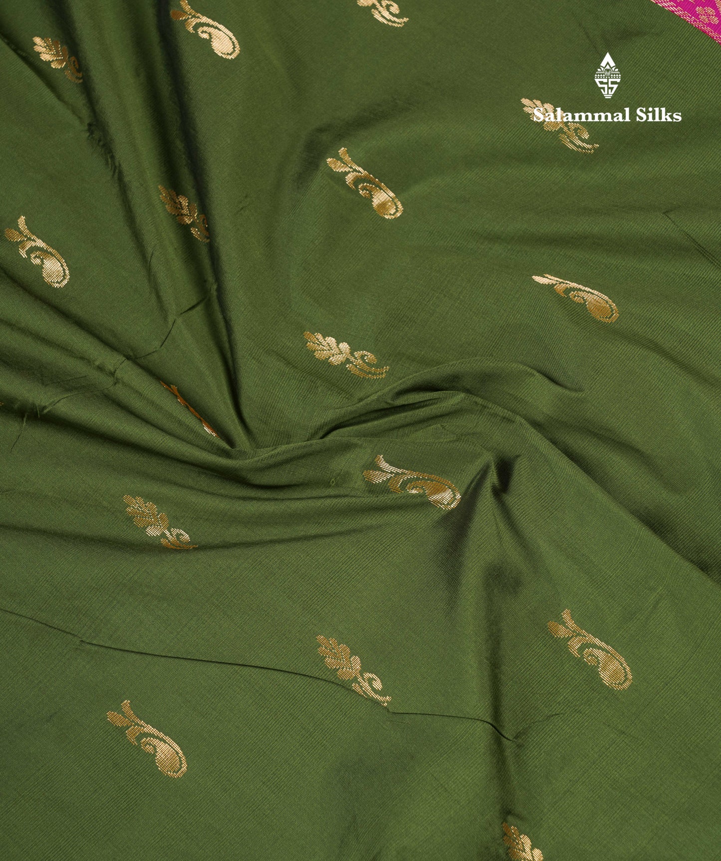 11 Yards Semi Silk Saree Army Green with Contrast Pink Traditional Border