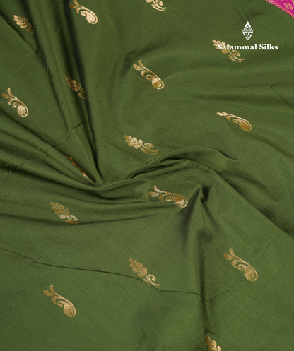 11 Yards Semi Silk Saree Army Green with Contrast Pink Traditional Border