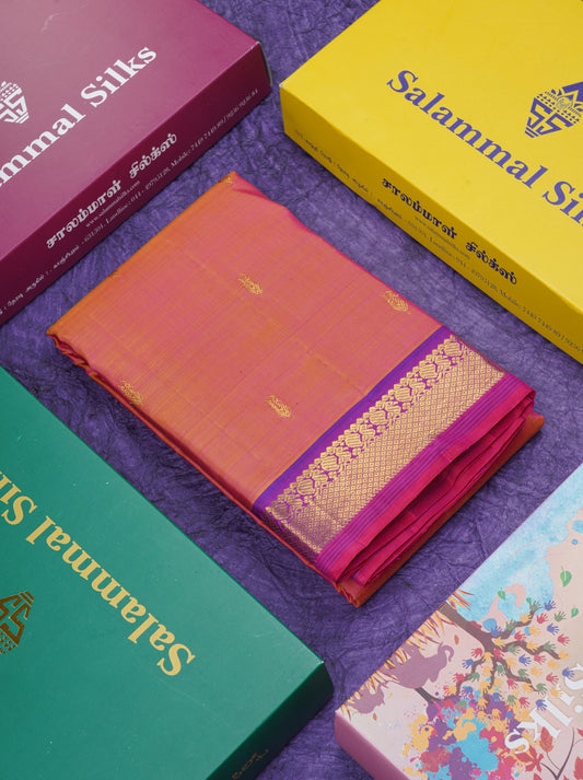 Dual Tone Pinkish Orange Pure Kanjivaram Silk Saree With Contrast Vadamalli Traditional Small Border