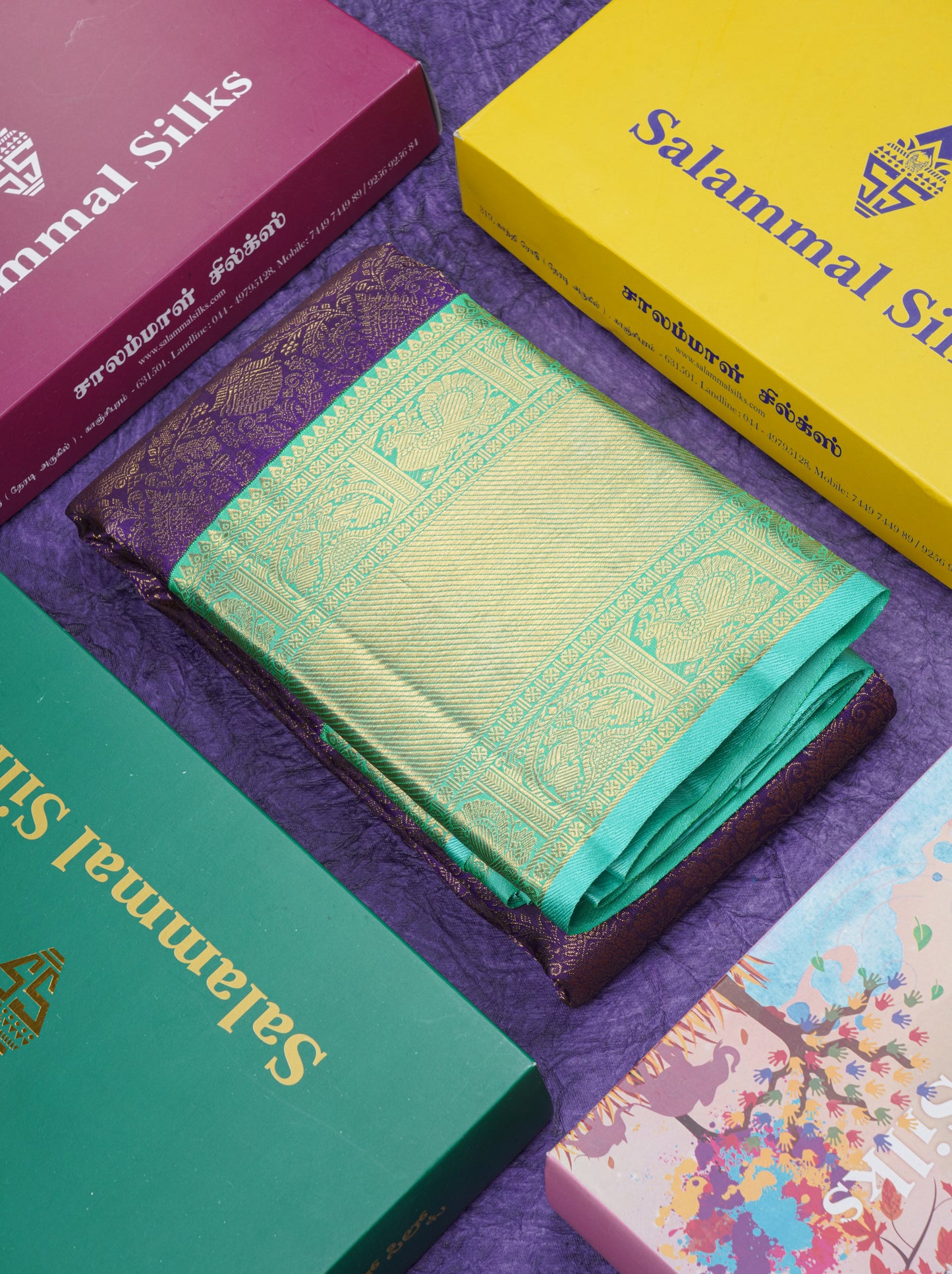 Beautiful Korvai Dark Purple Pure Kanjivaram Silk Saree Pure Zari with Contrast Rexona Green Traditional Border