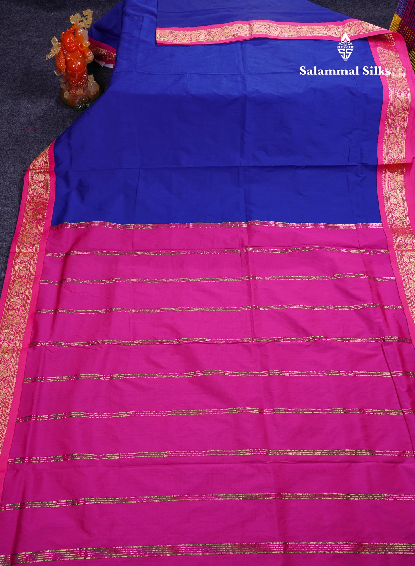 11 Yards Semi Silk Saree Royal Blue with Contrast Pink Traditional Border