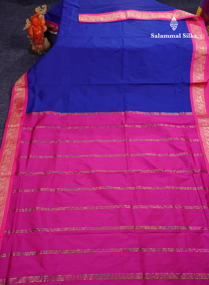 11 Yards Semi Silk Saree Royal Blue with Contrast Pink Traditional Border